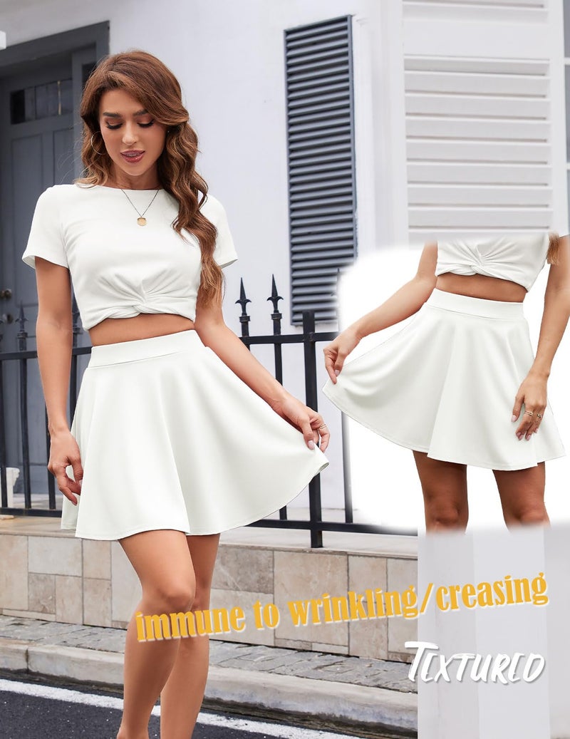 DRESSTELLS تنورة دريستيلز النسائية الكاجوال القصيرة خريف 2025، تنورة عالية الخصر مرنة على شكل حرف A، تنورة راقصة لمدرسة الفتيات، قصيرة وفضفاضة، بيضاء L - Image 3